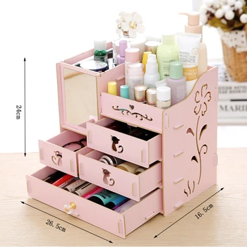 

Hot Makeup Cosmetic Storage Box Desktop Storage Box Assembly Wooden Large Capacity DIY Jewelry Container Organizer with Mirror M
