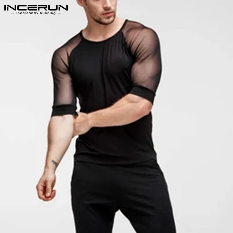 Men T-Shirt Short-Sleeve Mesh Patchwork Neck-Party INCERUN Nightclub Sexy Breathable