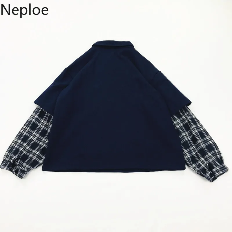 Neploe Япония Harajuku стиль Fack 2 шт. клетчатая Толстовка со вставками свитер с длинными рукавами Осень Зима студенческий короткий топ 46493