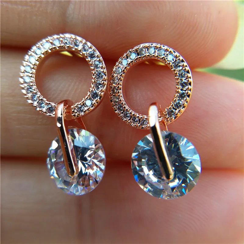 Rose Gold Color Милые женские белые круглые серьги-гвоздики Роскошные модные 925 серебряные свадебные украшения двойные хрустальные циркониевые серьги для женщин - Окраска металла: Rose Gold Color