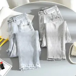 Calças de brim harém feminino versão coreana do novo solto cintura alta rasgado nove pontos calças jeans mãe