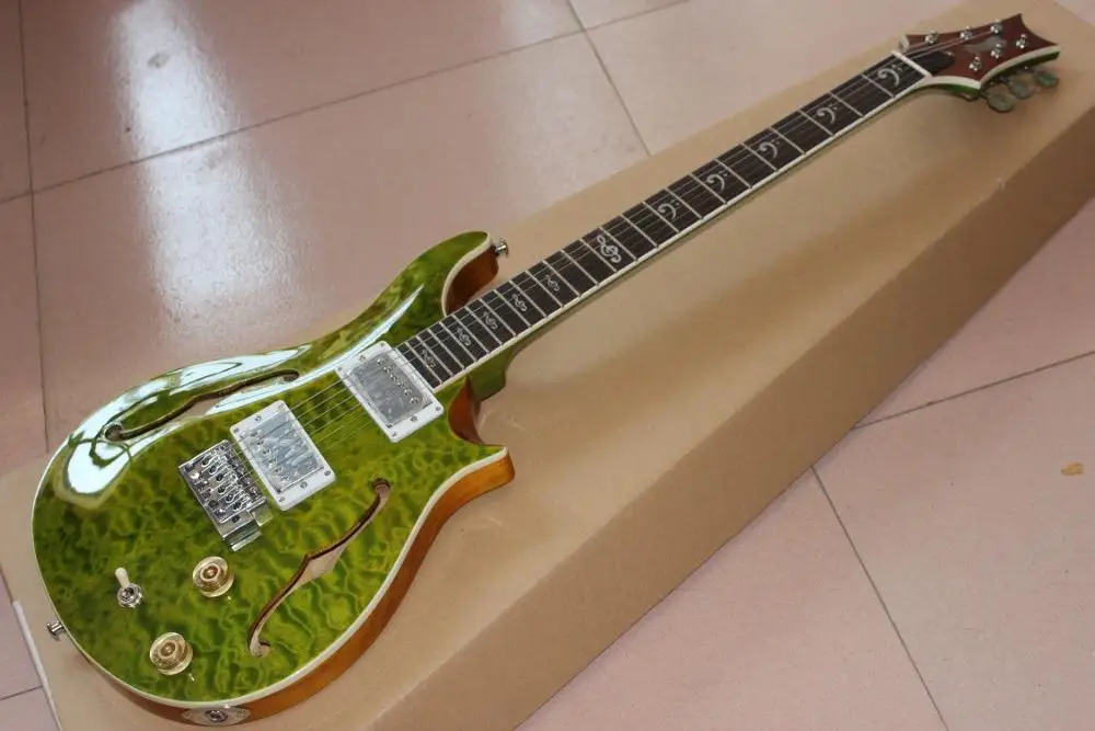 

New high quality F hollow body 6 stings electric guitar,green color flame top,rosewood fingerboard jazz guitarra.real photos