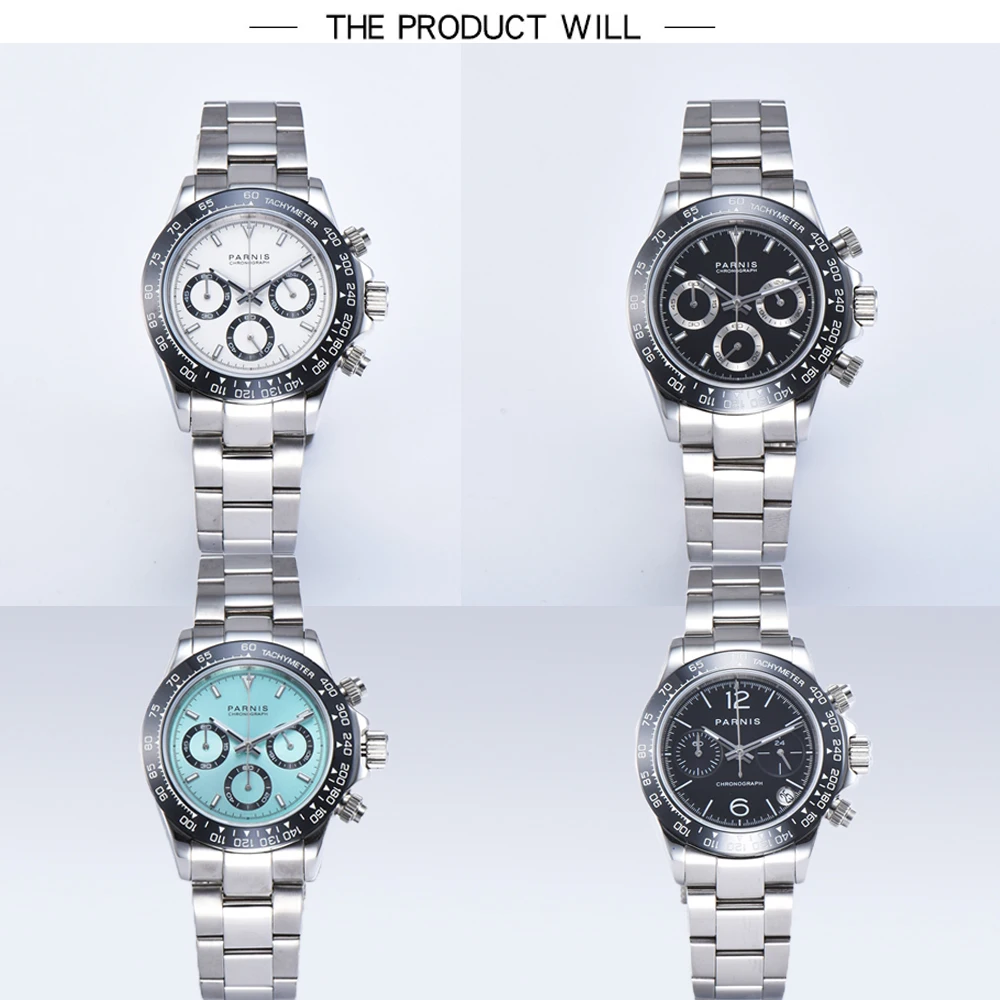 PARNIS 39 мм мужской белый циферблат черный керамический Безель сапфировый Кристалл