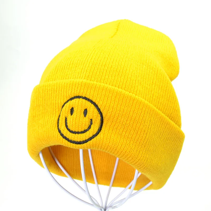 Smiley face Beanie женские и мужские хлопковые шапки-бини, одноцветная хип-хоп Skullies, зимние трикотажные изделия, вязаная шапка унисекс