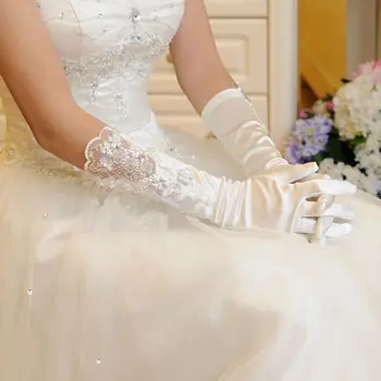 

Women Satin Wedding Long Full Finger Gloves Floral Applique Imitation Pearl Beaded Patchwork Jewelry Bridal Prom Mittens