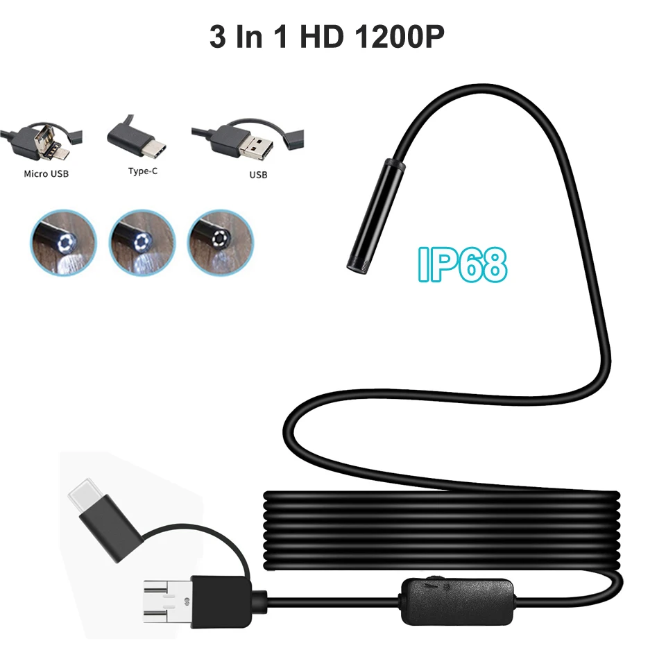 

Endoscope USB Camera 5.5MM 3in1 Type-c 1200P HD IP68 Micro USB Borescope Inspection Video Camera For Android Phones And PC