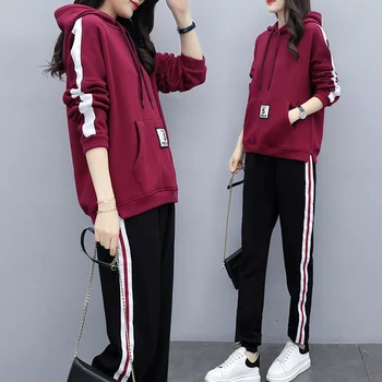 

2020 Spring New Womens Sports Two-piece Korean Casual Loose Large Size Striped Pullover Hoodie + Pants Female Tracksuit Pockets