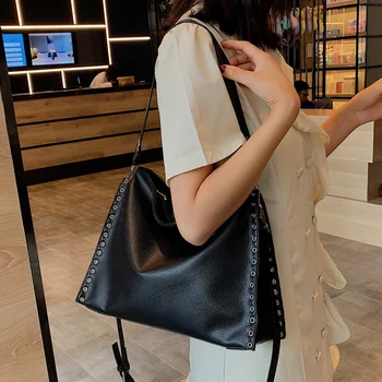 

Vintage Fashion Big Tote bag 2020 New Quality Soft Leather Women's Designer Handbag High capacity Rivet Shoulder Messenger Bag