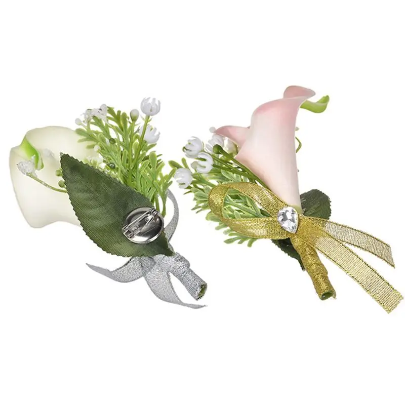 Wedding Bridal Groom Men Calla Lily Brooch Pin Artificial Flower Corsage Rhinestone Ribbon Jewelry Clip-on Boutonniere Decor