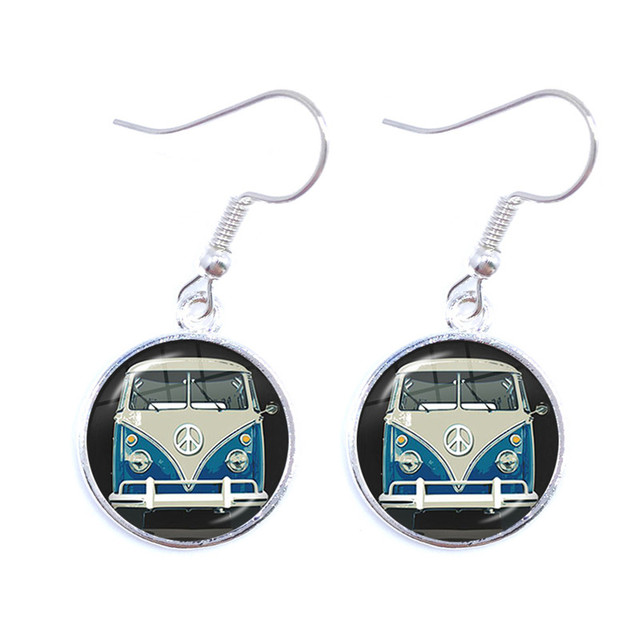 Blue-Red-Yellow Hippie Peace Van Bus Photo Drop Earrings Retro Beach Bus Car Collectors Bus Peace Sign Jewelry For Women