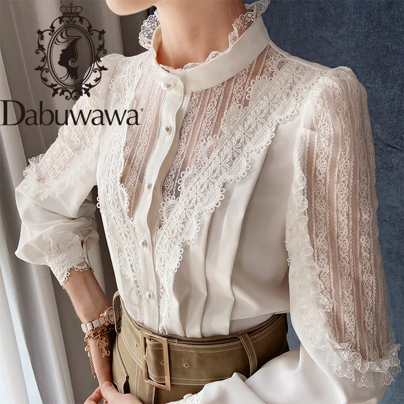 

Dabuwawa Sweet Appliques Blouse Women Lantern Sleeve Button Front Stand Collar Mesh Patchwork Shirts Office Lady DT1CST033