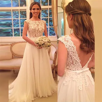 

Scoop Lace Top A-Line Chiffon Long Wedding Dresses V-Shape Back Bohemia Bride Wedding Gown Custom Made Spring Garden Wedding