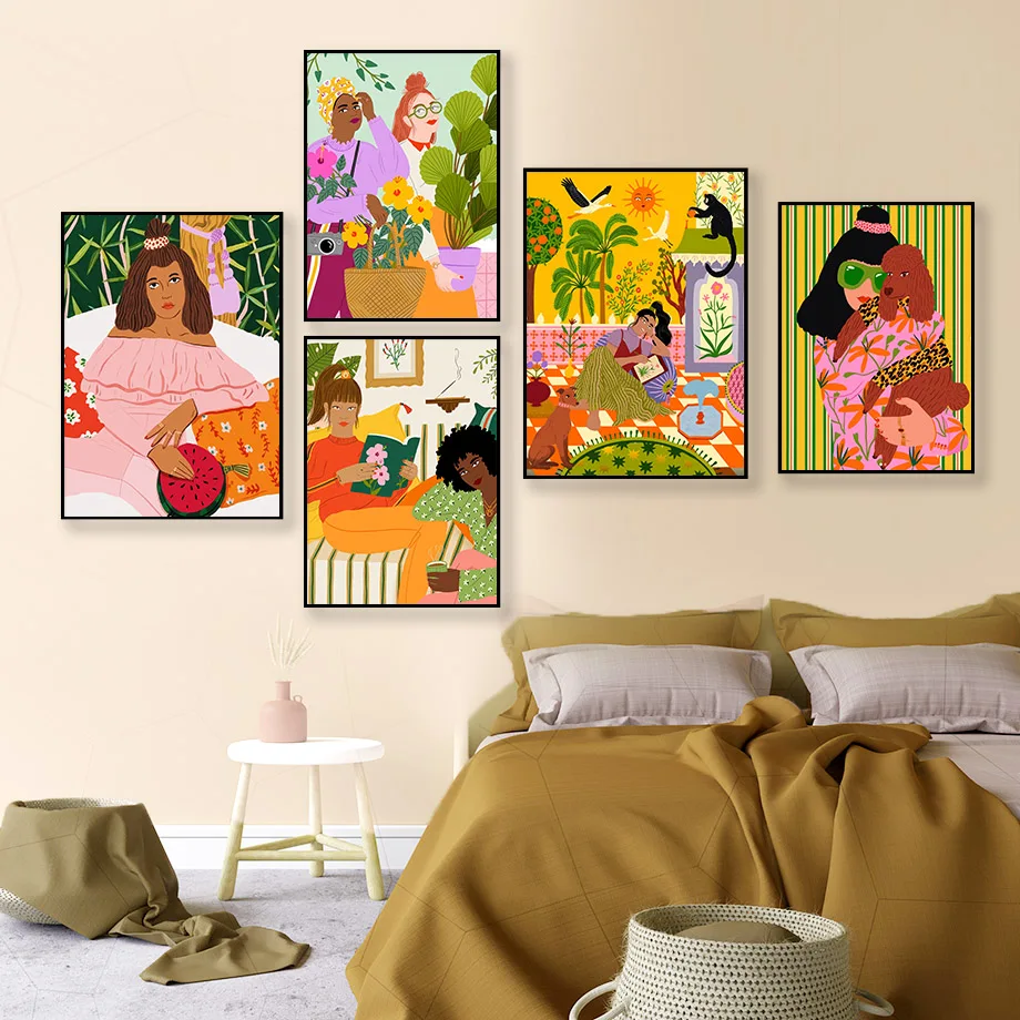 Vintage Abstract Colorful Girl Dog Flower Wall Art Canvas Painting Nordic Posters And Prints Wall Pictures For Living Room Decor Vintage Abstract Colorful Girl Dog Flower Wall Art Canvas Painting Nordic Posters And Prints Wall Pictures For Living Room Decor