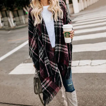 

AIUJXK 2019 Autumn Winter Women Shawl Sweaters Fashion Tassel Plaid Cardigan Female Oversize Casual Knitted Coats Clothes