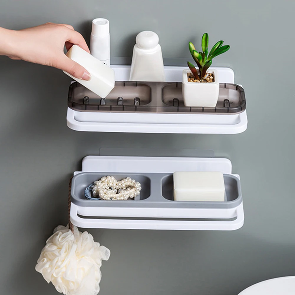 

Soap Holder Adhesive Wall Soap Dish Container Leak Proof Self Draining Soap Box Multifunctional Storage Box with Towel Rack