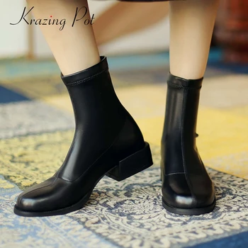 

Krazing Pot big size stretch boots microfiber classic colors round toe thick med heel slip on young girls maiden ankle boots L91