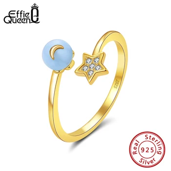 

Effie Queen Genuine S925 Silver AAAA Zircon Moon& Star Open Ring with Aquamarine CZ Ring Women Girls Party Jewelry Gifts KSR141