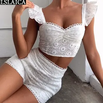 

Elegant Crop Top Short Pants Woman Shorts Set Lace Ruffle Sleeve Square Collar Backless Two Piece Outfits White Club Conjunto