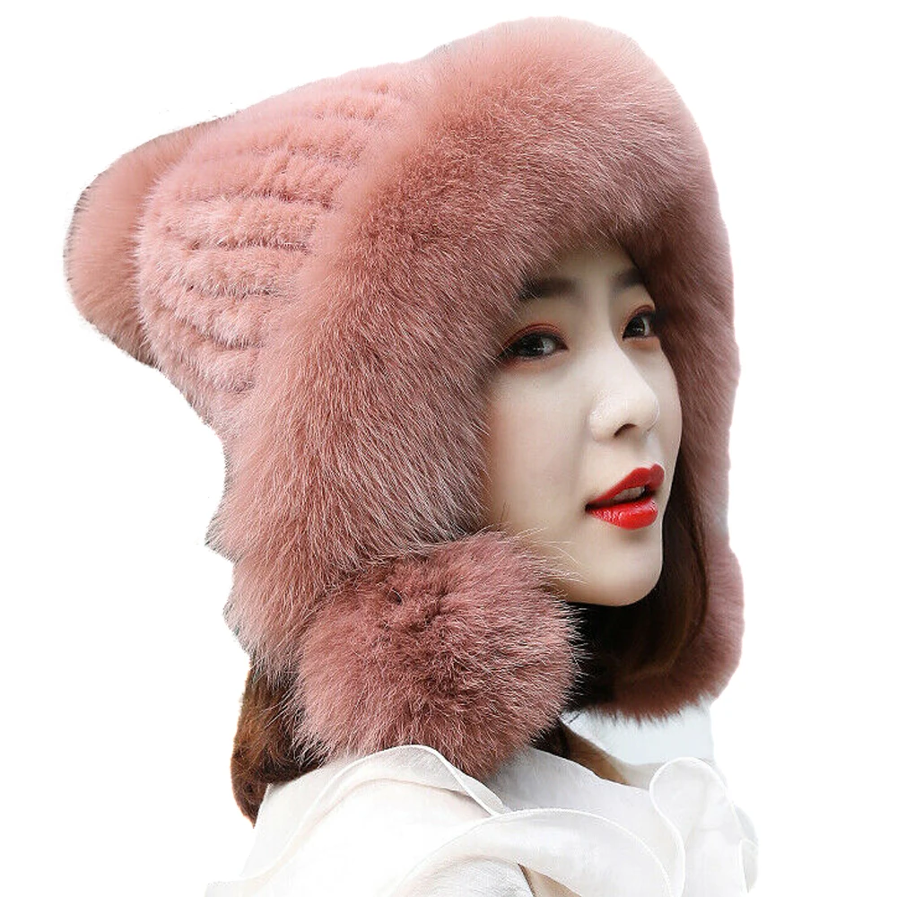 

Women Real Mink Fur Hat With Fox Fur Brim Earmuffs Caps Winter Warm Headgear Three Fox Fur Balls
