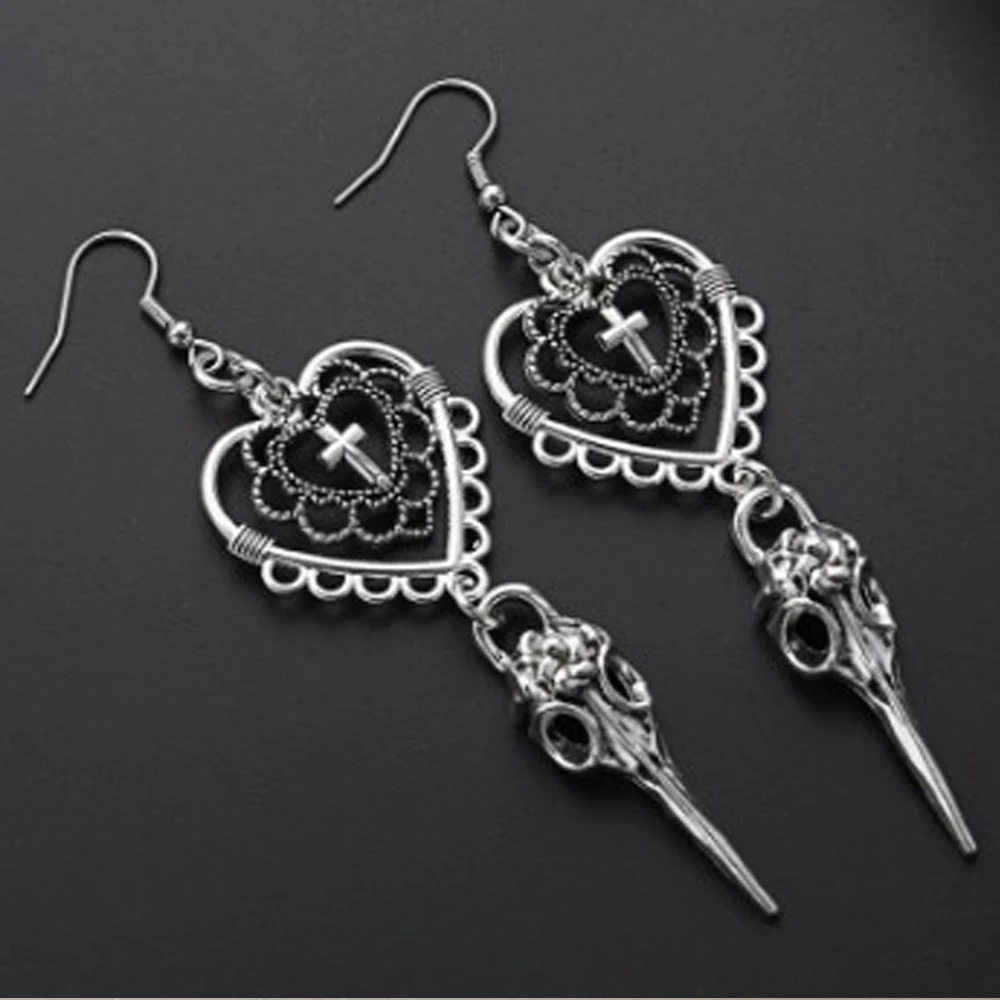 Серьги-подвески в готическом стиле висячие украшения виде сердца Креста птицы