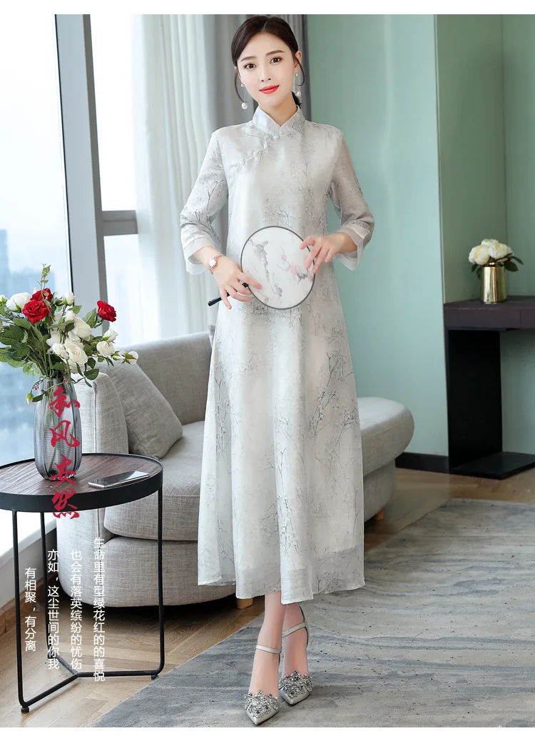 Летнее чайное платье в китайском стиле, традиционное платье Hanfu, древнее платье, рукав три четверти, воротник Мандарин, платье Тан