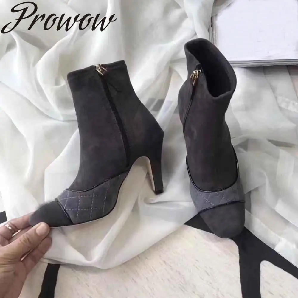 AS PIC Prowow New Genuine Leather ZIp Side Ankle Boots Round Toe Black Beige High Heel Fashion Boots Shoes Women - Цвет: AS PIC