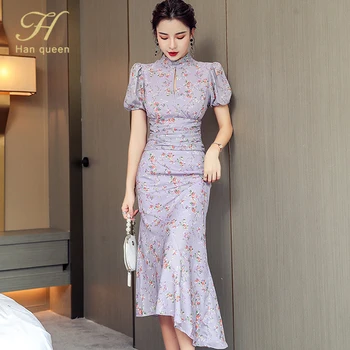 

H Han Queen Women 2020 Autumn OL Work Wear 2 Pieces Set Printed Short Sleeves & Irregular Sheath Skirt Korean Slim Party Sets