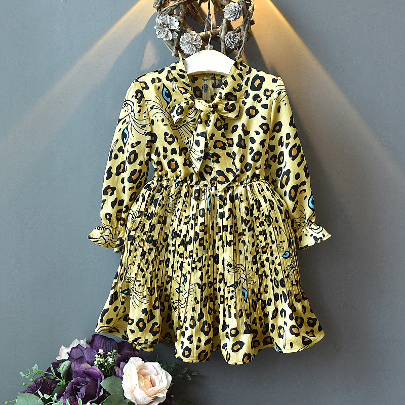 

2019 Girls Spring Clothing New Style Korean-style Leopord Pattern Long-sleeved Dress Children Western Style Chiffon Princess Lad