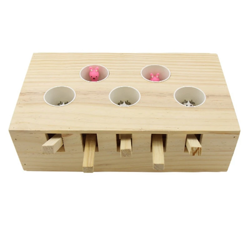 

Cat Toys Pet Indoor Solid Wooden Cat Hunting Toy Interactive 5-Holed Chase Mouse Hit Mouse Scratch Interactive Cats Play Funny T