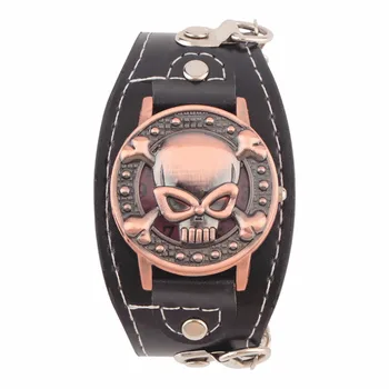 

Skull Cover Quartz Watch Men Fashion Leather Wrist Watch Bracelet Watch Men's Biker Metal Individuality Vitality Fashion Casual