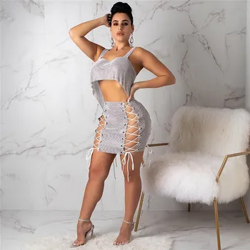 

2019 Summer New Women Club Hollow Out Metal Glitter Sexy Mini Skirt Diamonds Bandage Nightclub Party Skirts