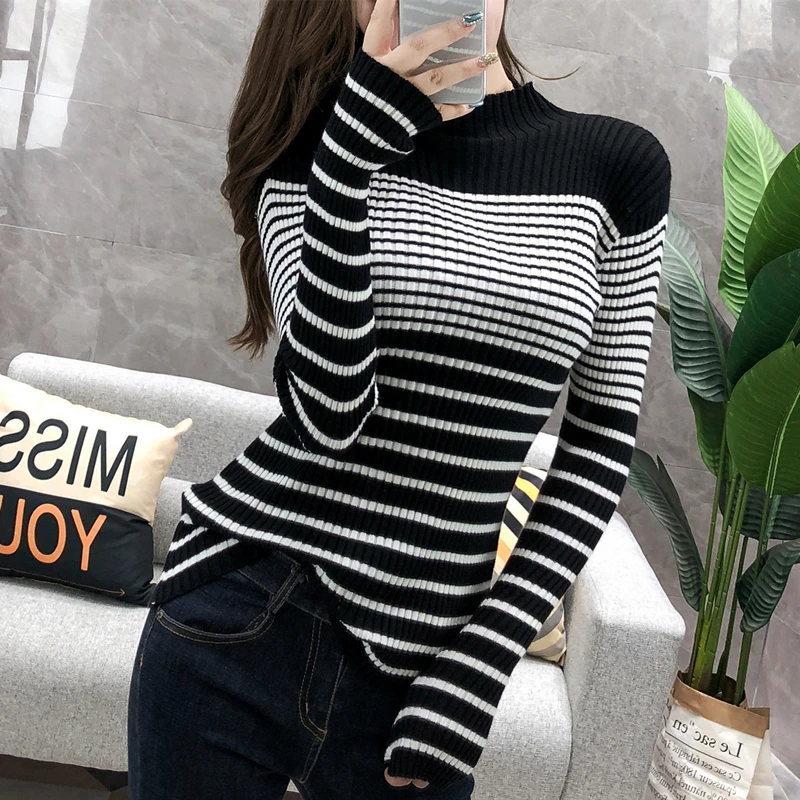 Turtleneck Ribbed Women Sweater High Elastic Stripe 2019 Fall Winter Sweater Women Slim Sexy Knitted Pullover Green White jumper