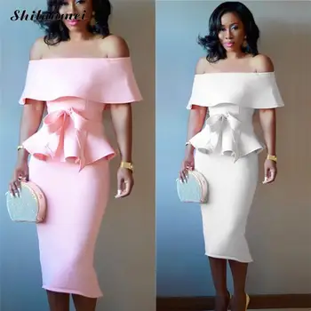 

Elegant Bodycon Dresses Women Off Shoulder White Business Dress Suit Ladies Sexy Office Dress Ruffles Two-Pieces Vestidos 2xl