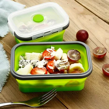 

4PCS Set 2850ml Foldable Silicone Food Lunch Box Fruit Salad Storage Food Box Container Dinnerware Conveniently Lunch Box Green