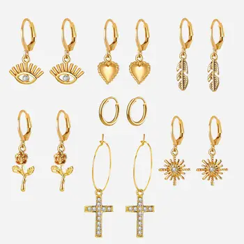 

7 Pair/Pack Ethnic Cross Eye Heart Earrings Set Female Danging Drop Earring Women 2018 Jewellery Indian Jewelry Brincos