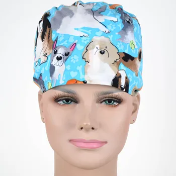 

Hennar unisex scrub caps in blue with doggie prints,100% cotton high quality fabric caps,with msweatband Scrub cap