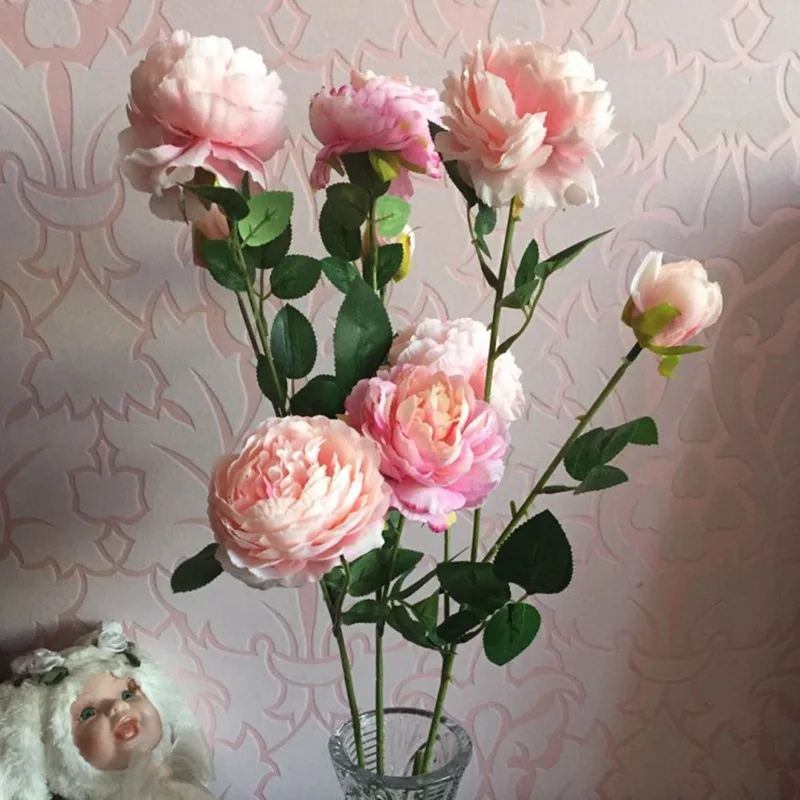 Practical Boutique 3 Heads Artificial Flowers Peony Bouquet Silk Flowers Bridal Bouquet Fall Vivid Fake Rose Flowers for Wedding