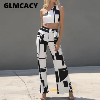 

Women Casual 2 Piece Chic Suits Sexy One Shoulder Sleeveless Printed Crop Tops & High Waist Pockets Wide Leg Pants Set