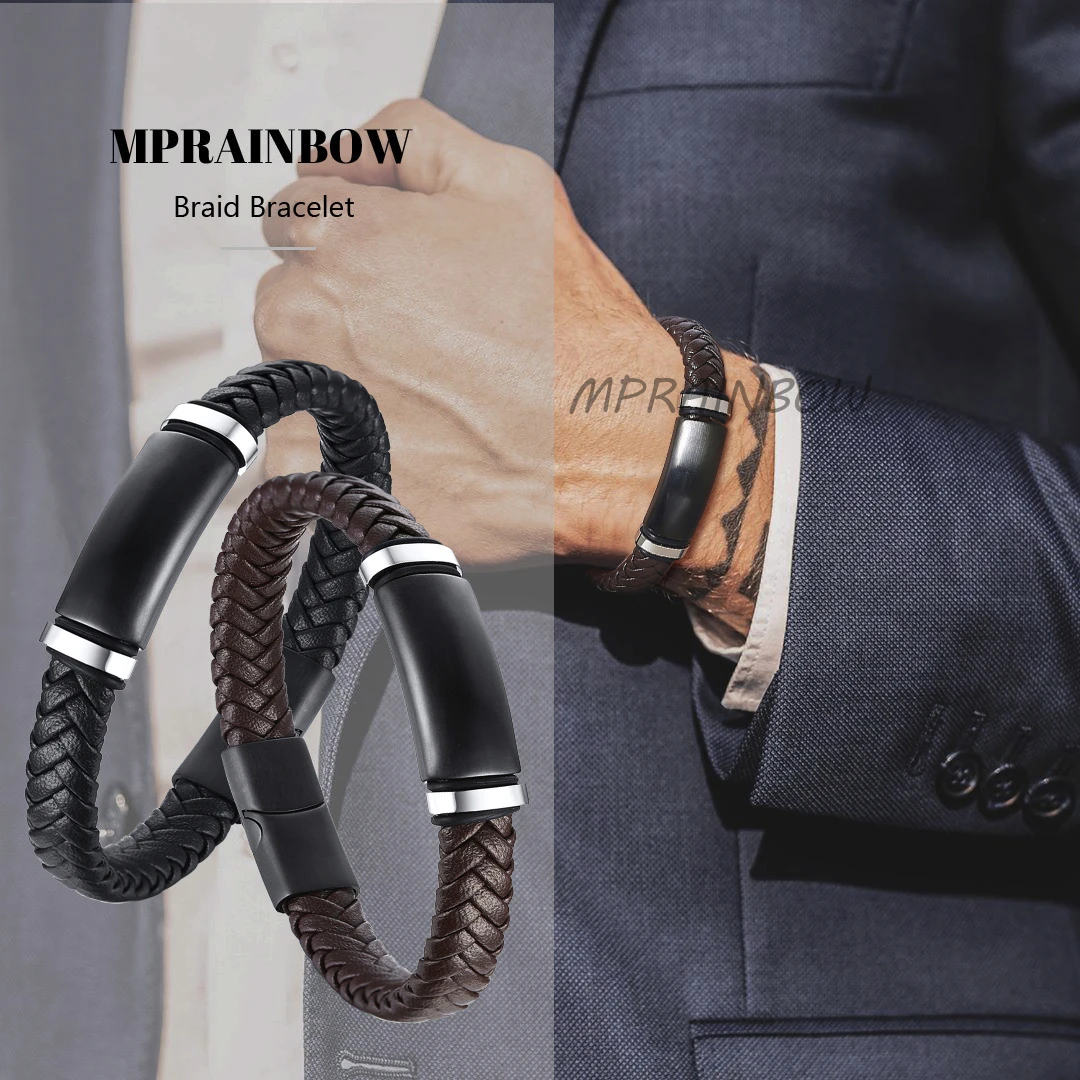 ENGRAVABLE MEN'S WOVEN LEATHER BRACELET IN STAINLESS STEEL BLACK BROWN | Украшения и аксессуары