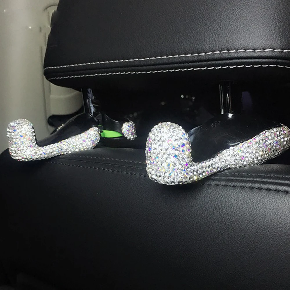 2 pcs White Шикарная подвеска на заднее сиденье автомобиля, скрытый крючок, подголовник, блеск, кристалл, бриллиант, автомобильный декор, аксессуары для женщин, универсальная посадка - Название цвета: 2 pcs White