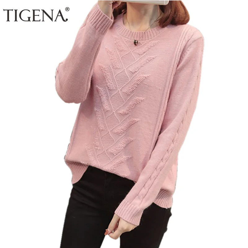 

TIGENA Thicken Warm Loose O-neck Sweater Women 2019 Autumn Winter Long Sleeve Knitted Pullover Sweater Female Jumper Women Tops