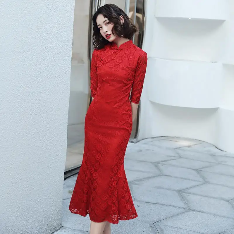 Nave синий Мандарин Воротник труба Qipao сексуальное кружевное женское перспективное темно-синее вечернее платье Элегантное Cheongsam Vestidos - Цвет: Style 1