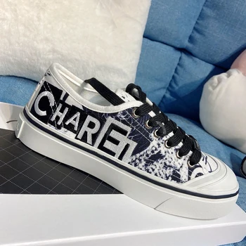

chare French design fashion avantgarde women's shoes official latest CC letter embroidery first layer cowhide splicing canvas