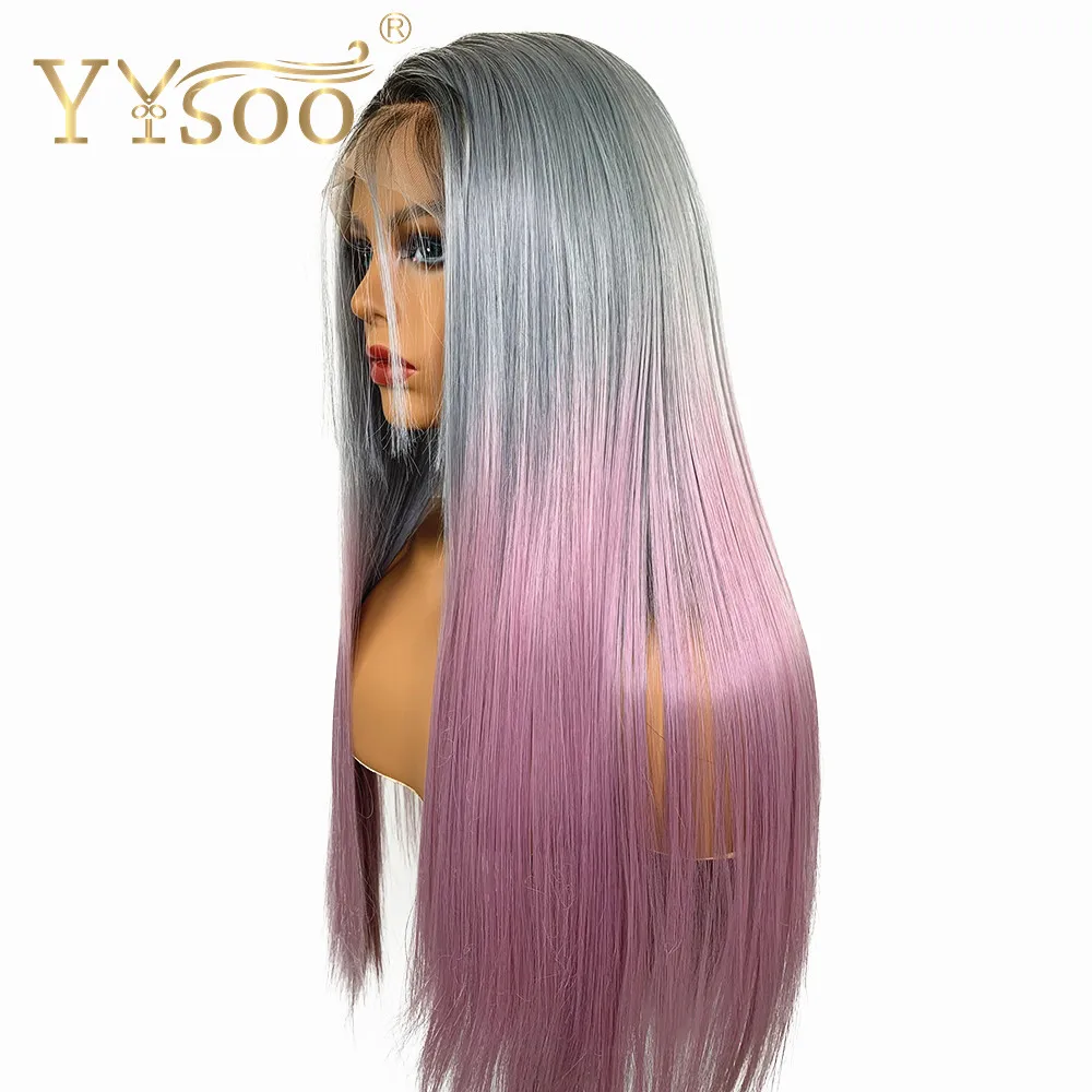 YYsoo Синтетические Полные парики шнурка#2/серый/фиолетовый 3 с эффектом деграде(переход от темного к Япония термостойкие волокна волос Синтетические парики шнурка черный Для женщин детскими волосами