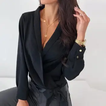 

Office Lady Sexy V Neck Long Sleeve Front Cross Wrapped Side Bandage Loose Shirt Polyester Shirt V Neck Long Sleeve Sexy Office