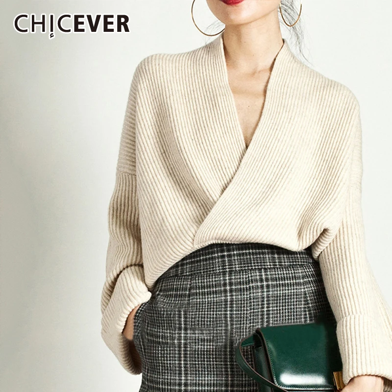 CHICEVER Elegant Knitting Sweater Women Long Sleeve V Neck Pullover Tops Female Casual Fashion Jumper 2020 Autumn Tide Clothes | Женская