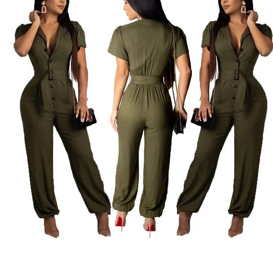 

2020 new European and American women's fashion casual temperament sexy features solid color jumpsuit pants with belt
