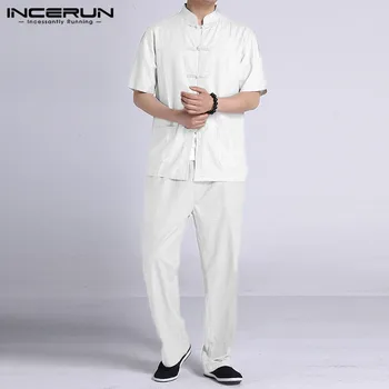 

INCERUN Men Buttons 2 Pieces Chinese Style Suits Men Vintage Sets Summer Short Sleeve Stand Collar Blouse Long Pants Sets S-5XL
