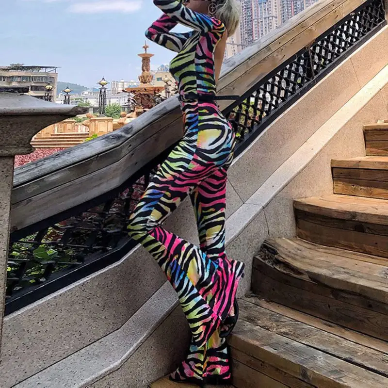 

Womens Long Sleeve Sexy Backless Bodycon Jumpsuit Rainbow Colorful Zebra Stripes Print Bell Flare Long Pants Party Clubwear