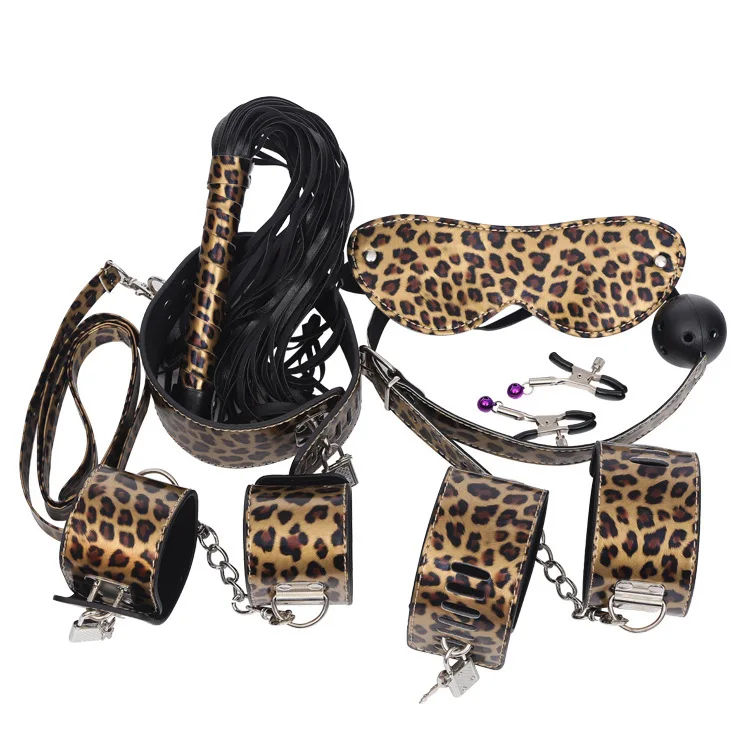 Sexy Leather Leopord Pattern 7 Pieces Tied Bondage Handcuffs Alternative of Torture Adult Toy |